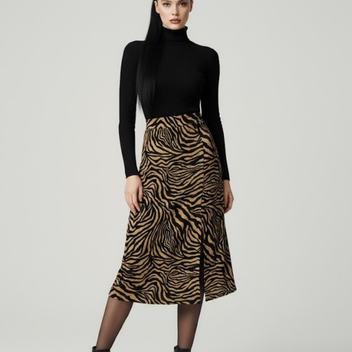 Kadın Yırtmaçlı Kahverengi Zebra Desen Midi Boy Etek