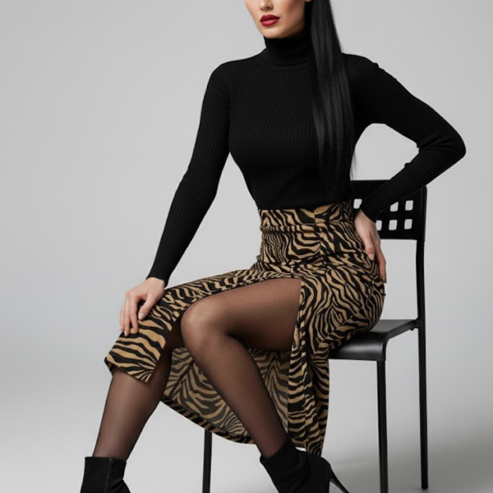 Kadın Yırtmaçlı Kahverengi Zebra Desen Midi Boy Etek