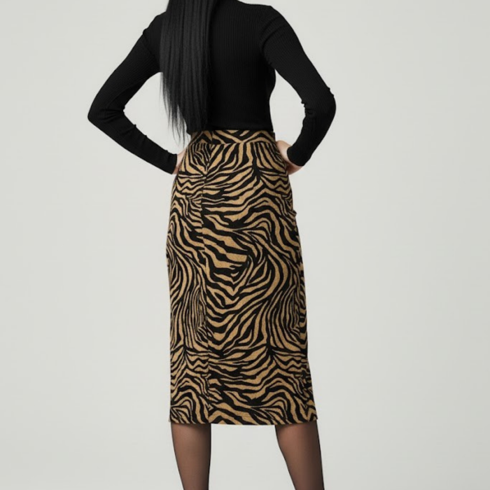Kadın Yırtmaçlı Kahverengi Zebra Desen Midi Boy Etek