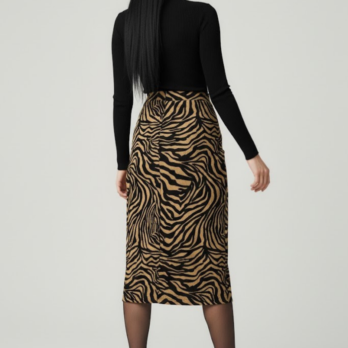 Kadın Yırtmaçlı Kahverengi Zebra Desen Midi Boy Etek