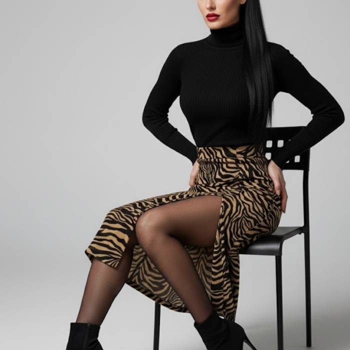 Kadın Yırtmaçlı Kahverengi Zebra Desen Midi Boy Etek