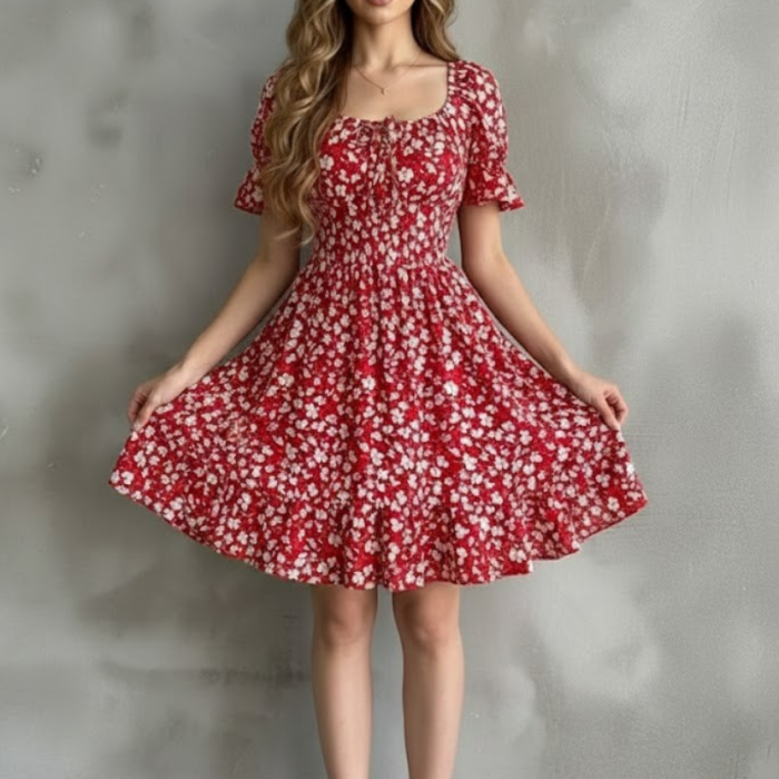 Kayık Yaka Gipeli Bürümcük Mini Elbise – Kırmızı