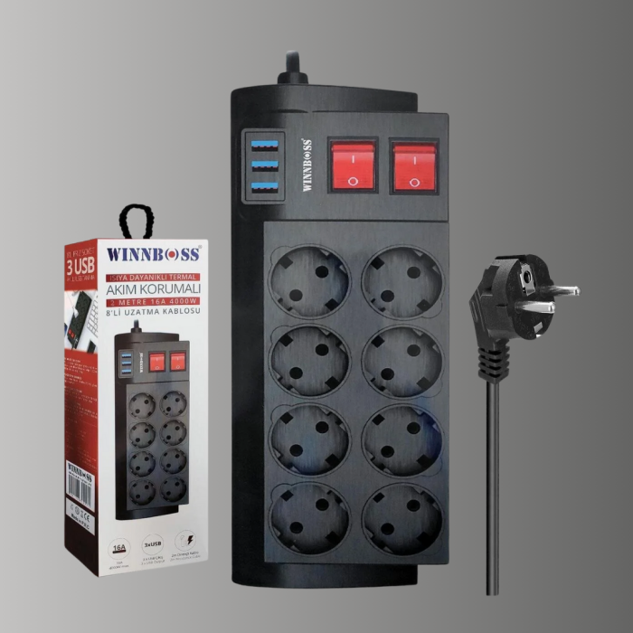 KESGİN MARKET®2 Metre Güçlü Çoklu Priz 8 Soket
