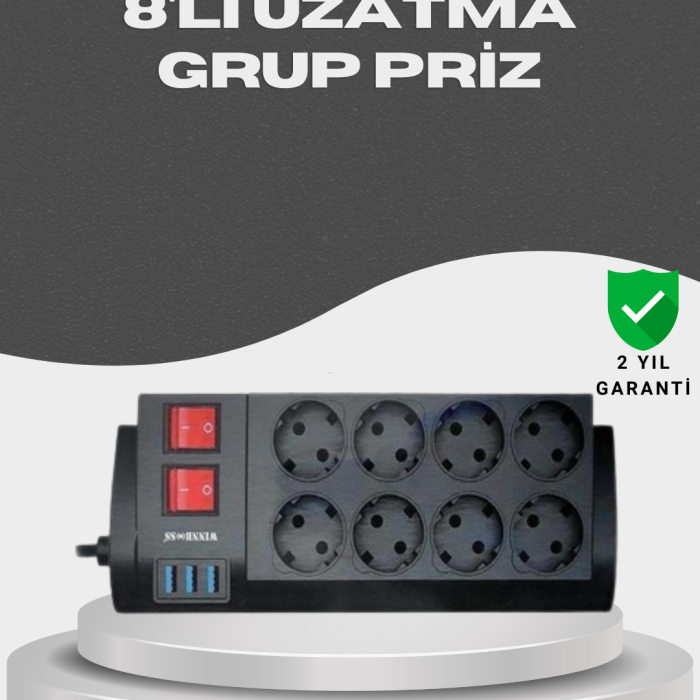 KESGİN MARKET®Akım Korumalı 8’li Priz 3 USB’li Uzatma Kablosu Isıya Dayanıklı 2 Metre