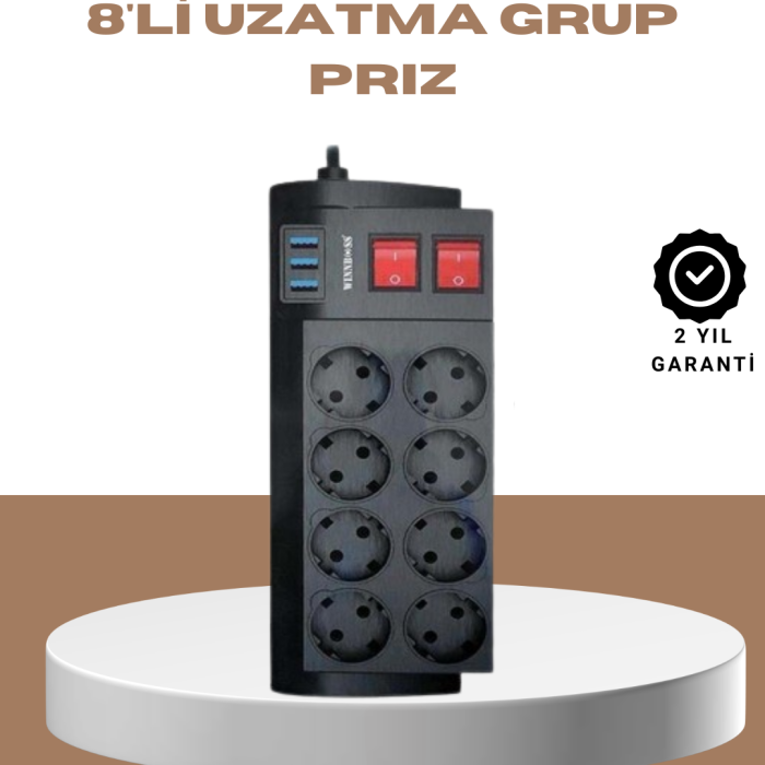 KESGİN MARKET®Güçlü Termal Korumalı 8 Priz + 3 USB Çoklu Uzatma Kablosu 2m