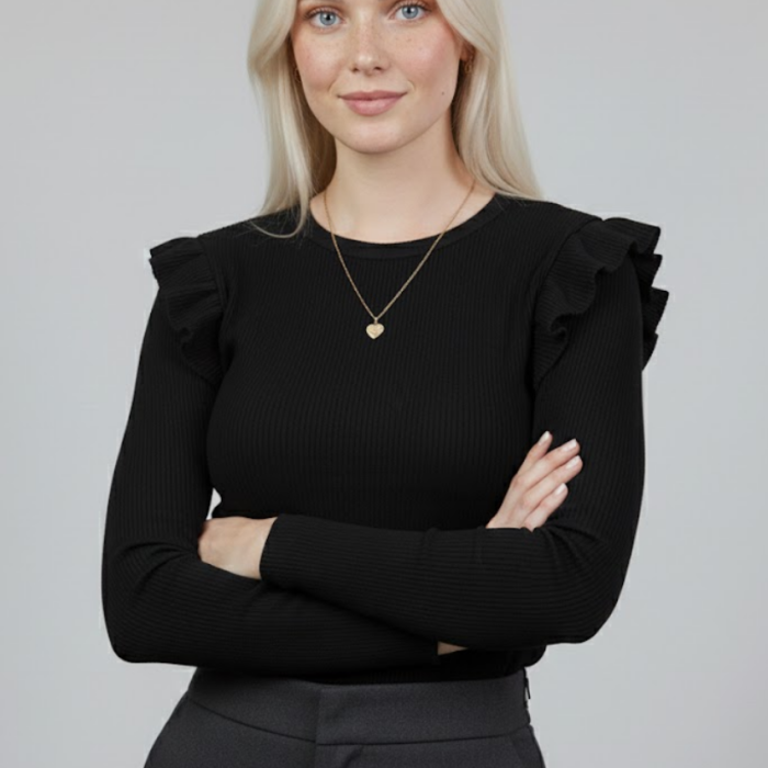 Siyah Kaşkorse Uzun Kollu Fırfırlı Omuz Detaylı Pamuklu Ribana Bluz