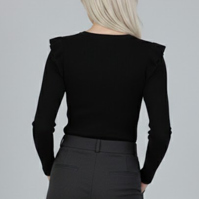 Siyah Kaşkorse Uzun Kollu Fırfırlı Omuz Detaylı Pamuklu Ribana Bluz