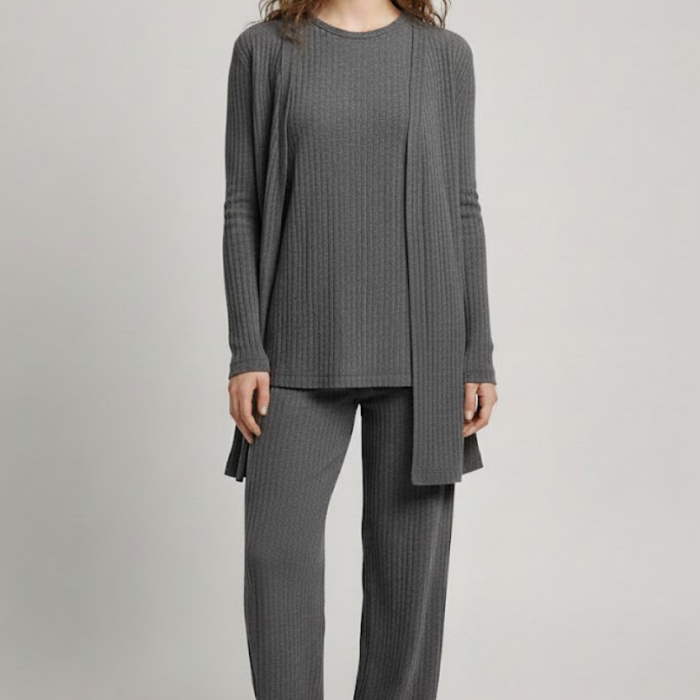 Kadın Gri Ribanalı Üçlü Takım Uzun Hırka Bisiklet Yaka Bluz Lastikli Boru Paça Pantolon