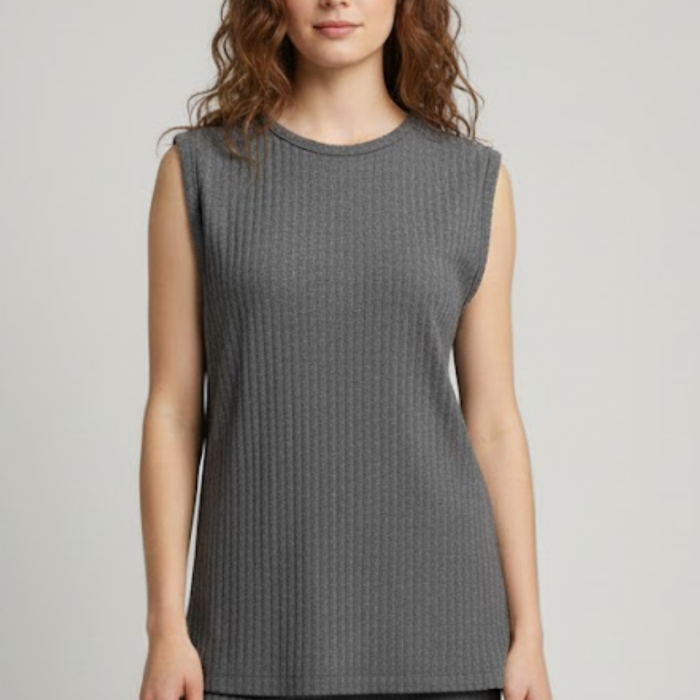 Kadın Gri Ribanalı Üçlü Takım Uzun Hırka Bisiklet Yaka Bluz Lastikli Boru Paça Pantolon