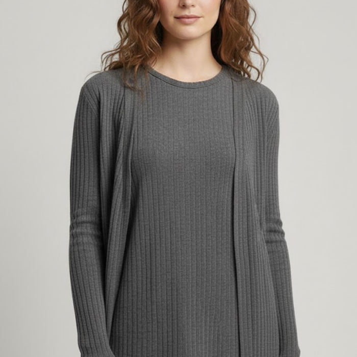 Kadın Gri Ribanalı Üçlü Takım Uzun Hırka Bisiklet Yaka Bluz Lastikli Boru Paça Pantolon