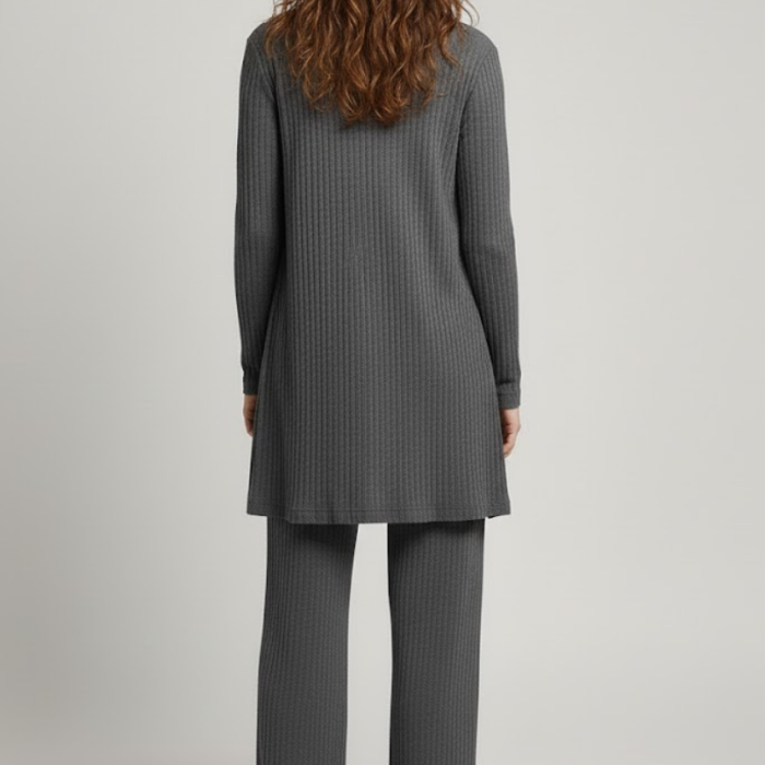 Kadın Gri Ribanalı Üçlü Takım Uzun Hırka Bisiklet Yaka Bluz Lastikli Boru Paça Pantolon