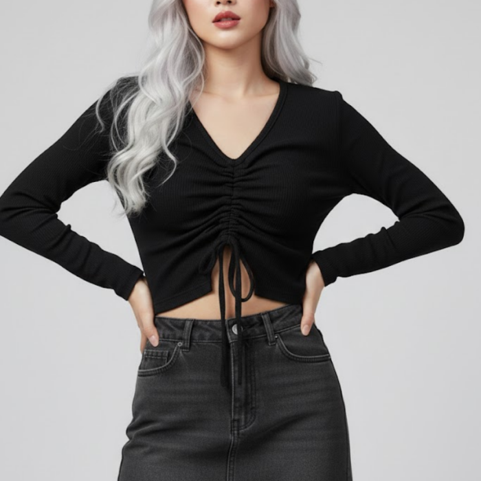 Siyah Uzun Kollu Kaşkorse Crop Bluz Büzgülü V Yaka