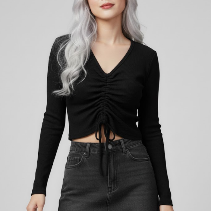 Siyah Uzun Kollu Kaşkorse Crop Bluz Büzgülü V Yaka