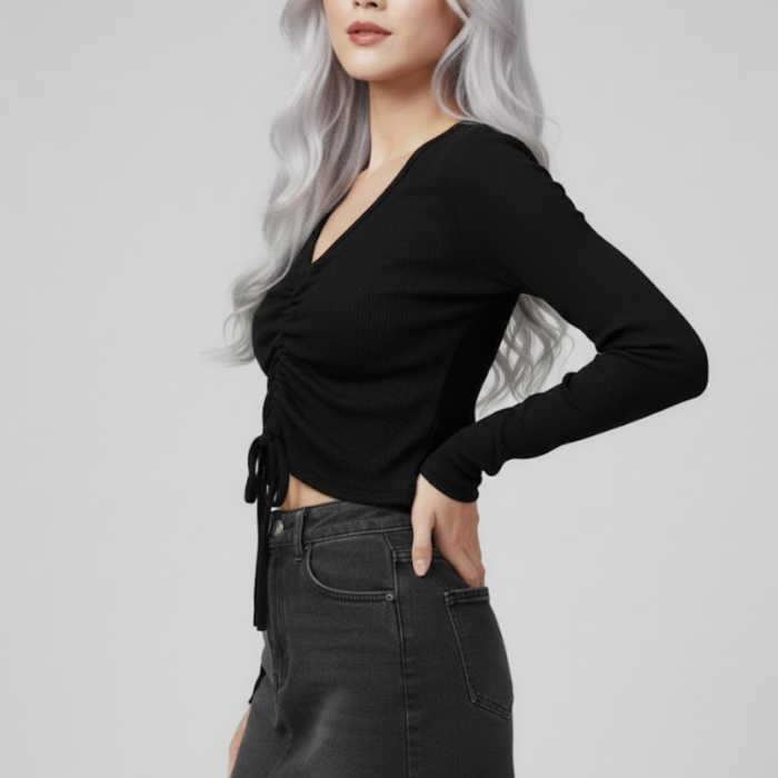 Siyah Uzun Kollu Kaşkorse Crop Bluz Büzgülü V Yaka