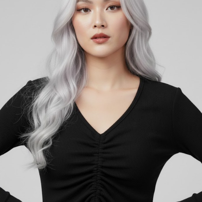 Siyah Uzun Kollu Kaşkorse Crop Bluz Büzgülü V Yaka