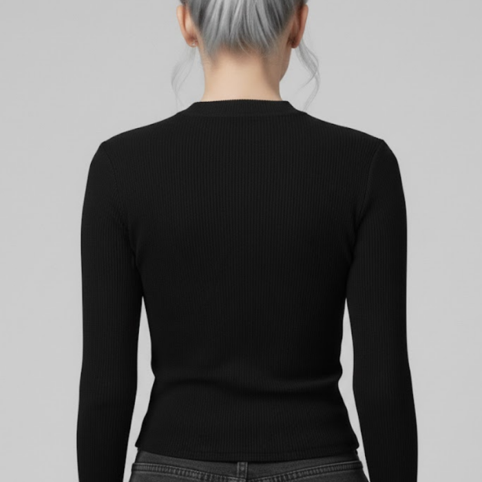 Siyah Uzun Kollu Kaşkorse Crop Bluz Büzgülü V Yaka