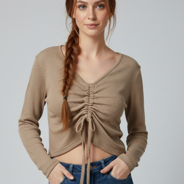 Sütlü Kahve Uzun Kollu Kaşkorse Crop Bluz Büzgülü V Yaka