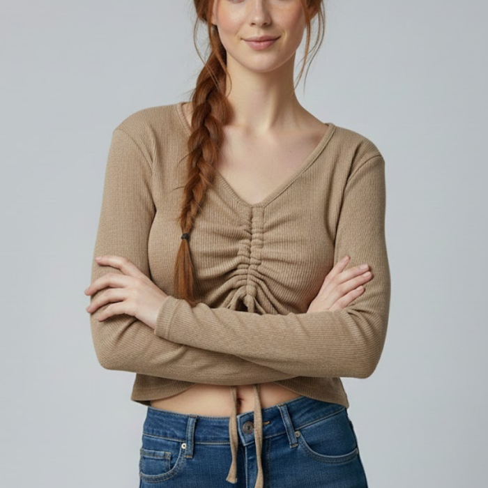 Sütlü Kahve Uzun Kollu Kaşkorse Crop Bluz Büzgülü V Yaka