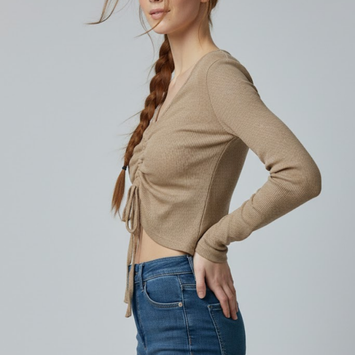 Sütlü Kahve Uzun Kollu Kaşkorse Crop Bluz Büzgülü V Yaka