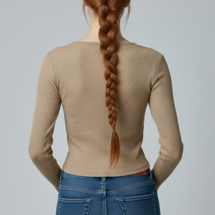 Sütlü Kahve Uzun Kollu Kaşkorse Crop Bluz Büzgülü V Yaka