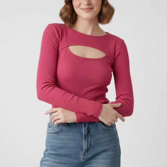 Kadın Pembe Pamuklu Kaşkorse Pencere Yaka Cut Out Detaylı Uzun Kollu Slim Fit Bluz