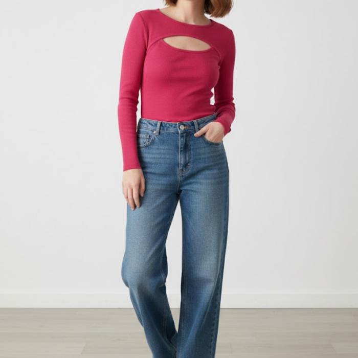 Kadın Pembe Pamuklu Kaşkorse Pencere Yaka Cut Out Detaylı Uzun Kollu Slim Fit Bluz