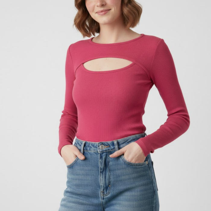 Kadın Pembe Pamuklu Kaşkorse Pencere Yaka Cut Out Detaylı Uzun Kollu Slim Fit Bluz