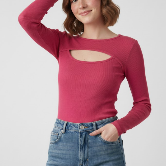 Kadın Pembe Pamuklu Kaşkorse Pencere Yaka Cut Out Detaylı Uzun Kollu Slim Fit Bluz