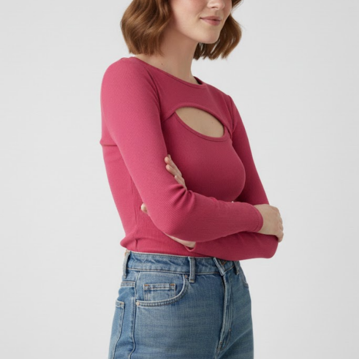 Kadın Pembe Pamuklu Kaşkorse Pencere Yaka Cut Out Detaylı Uzun Kollu Slim Fit Bluz