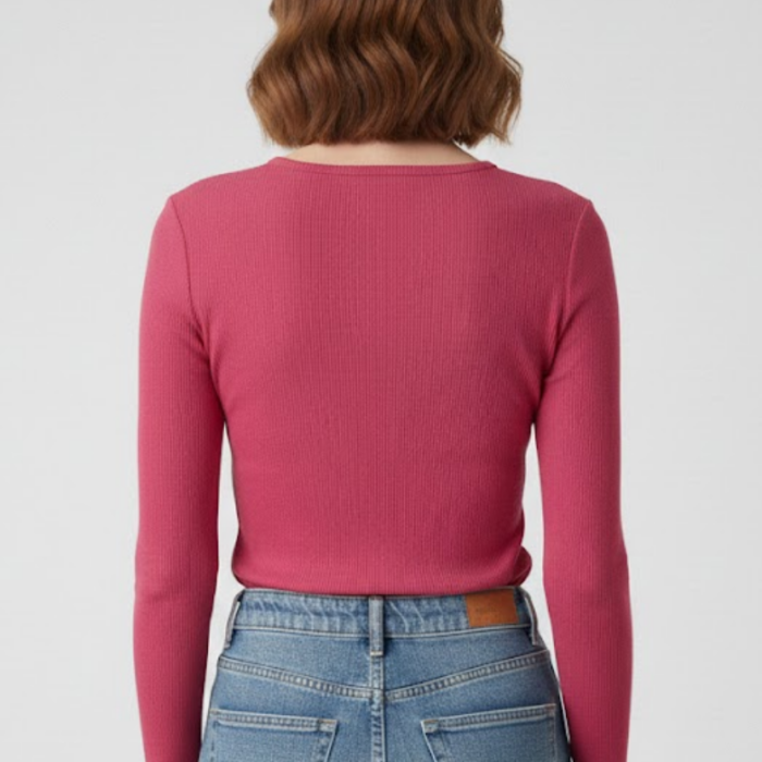 Kadın Pembe Pamuklu Kaşkorse Pencere Yaka Cut Out Detaylı Uzun Kollu Slim Fit Bluz