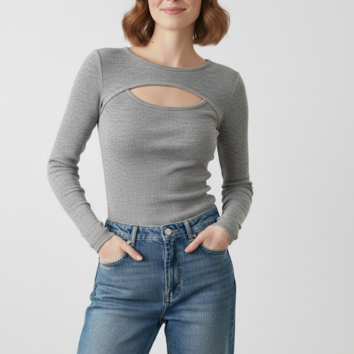 Kadın Melanj Gri Pamuklu Kaşkorse Pencere Yaka Cut Out Detaylı Slim Fit Esnek Bluz