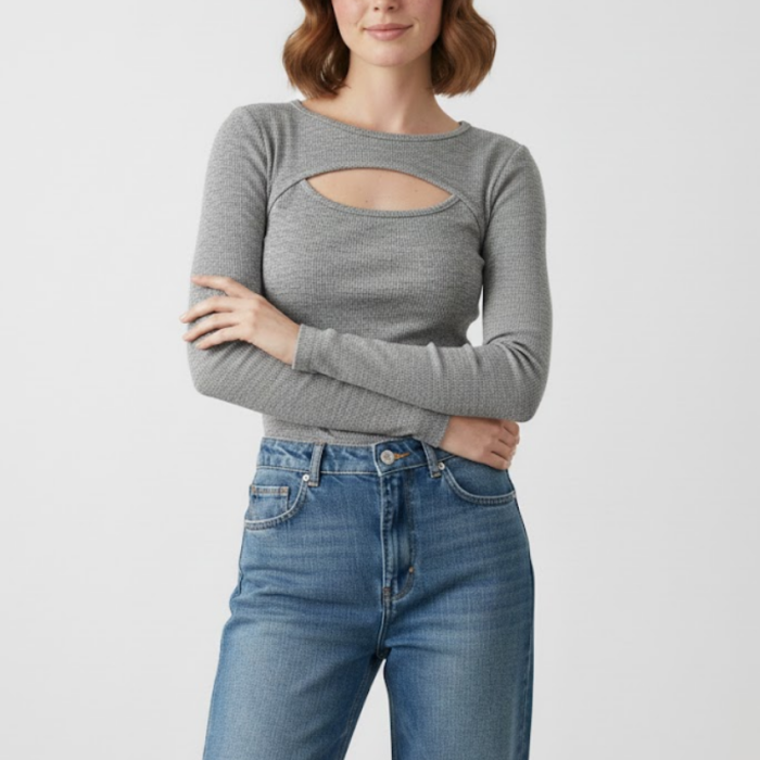 Kadın Melanj Gri Pamuklu Kaşkorse Pencere Yaka Cut Out Detaylı Slim Fit Esnek Bluz