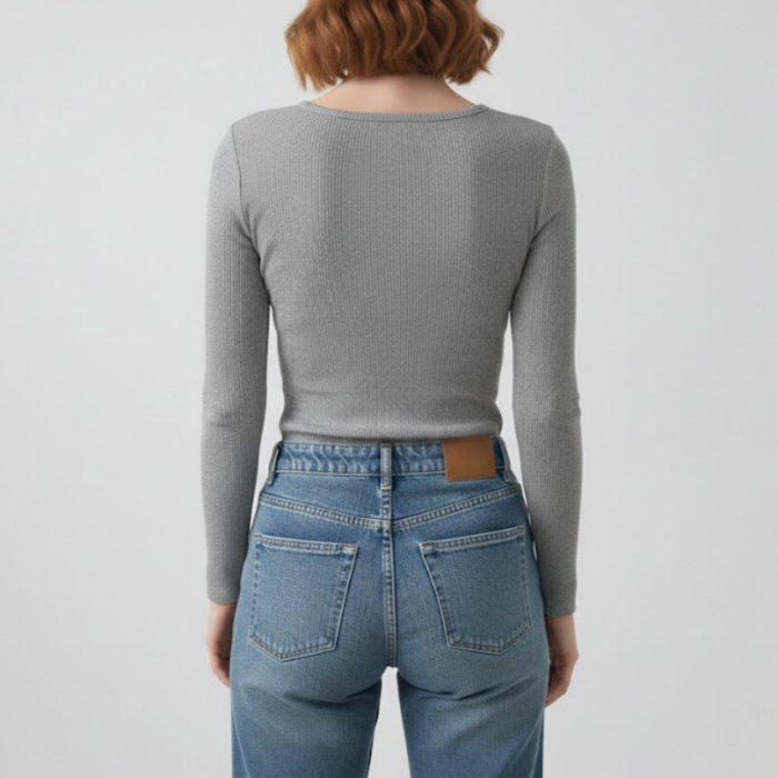 Kadın Melanj Gri Pamuklu Kaşkorse Pencere Yaka Cut Out Detaylı Slim Fit Esnek Bluz