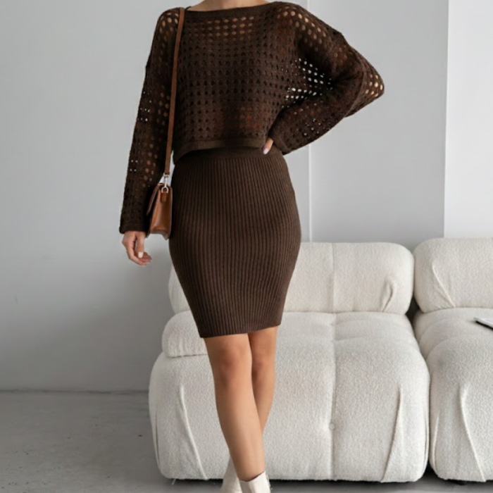 Kadın Kahverengi Ajurlu Delikli Kazak ve Fitilli Triko Elbise İkili Takım - Yumuşak Dokulu Örme Alt Üst Takım