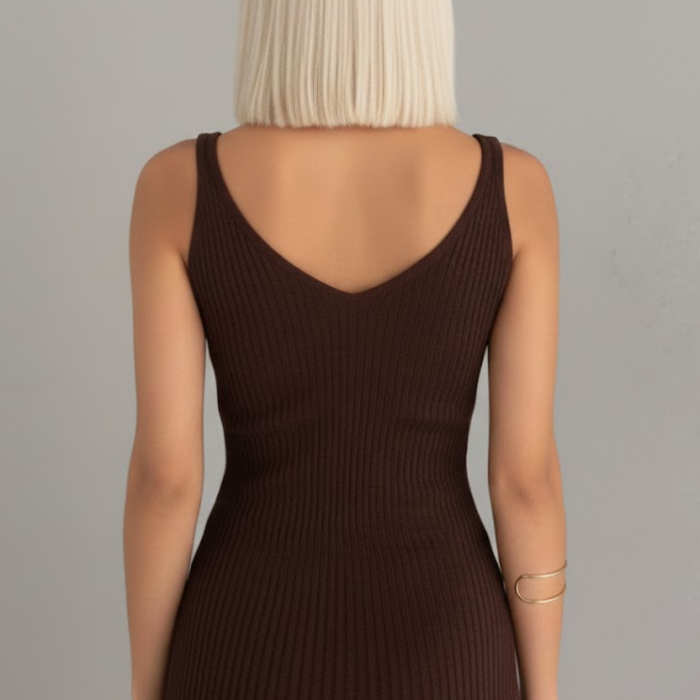 Kadın Kahverengi Ajurlu Delikli Kazak ve Fitilli Triko Elbise İkili Takım - Yumuşak Dokulu Örme Alt Üst Takım