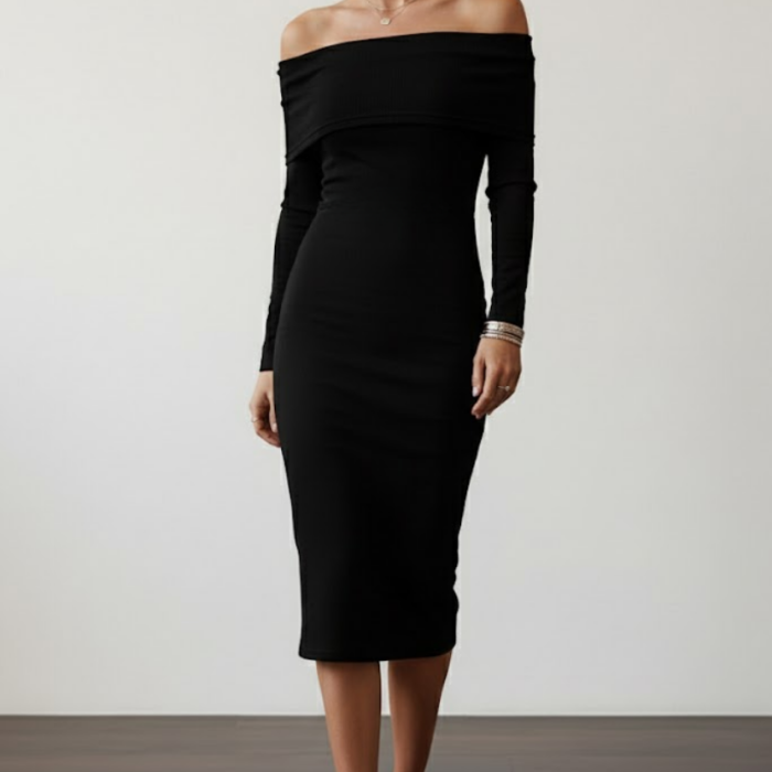 Kadın Siyah Madonna Yaka Sandy Kumaş Esnek Midi Boy Uzun Kollu Elbise