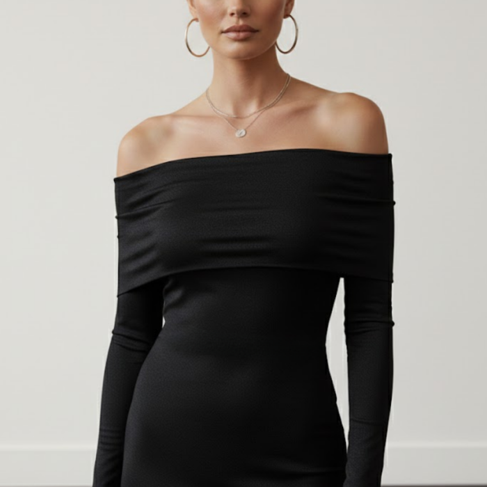 Kadın Siyah Madonna Yaka Sandy Kumaş Esnek Midi Boy Uzun Kollu Elbise