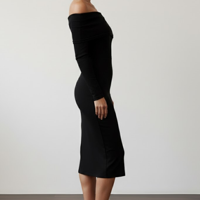 Kadın Siyah Madonna Yaka Sandy Kumaş Esnek Midi Boy Uzun Kollu Elbise