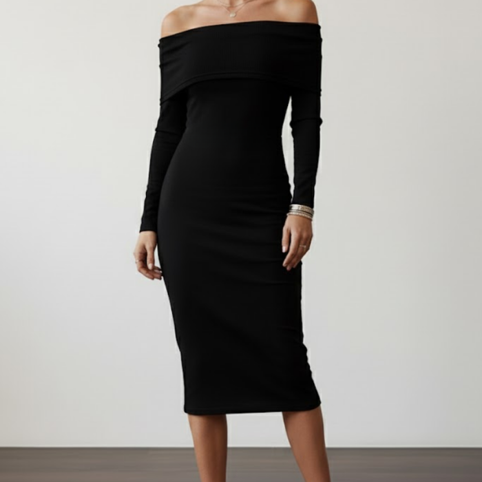 Kadın Siyah Madonna Yaka Sandy Kumaş Esnek Midi Boy Uzun Kollu Elbise