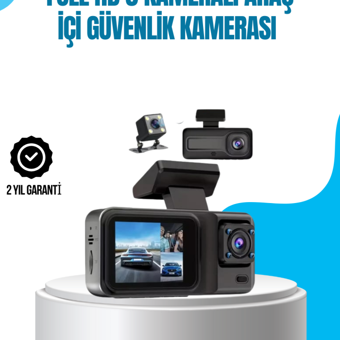 3 Kameralı Araç İçi Kayıt Cihazı 1080P Full HD Gece Görüşlü ve Wi-Fi Bağlantılı