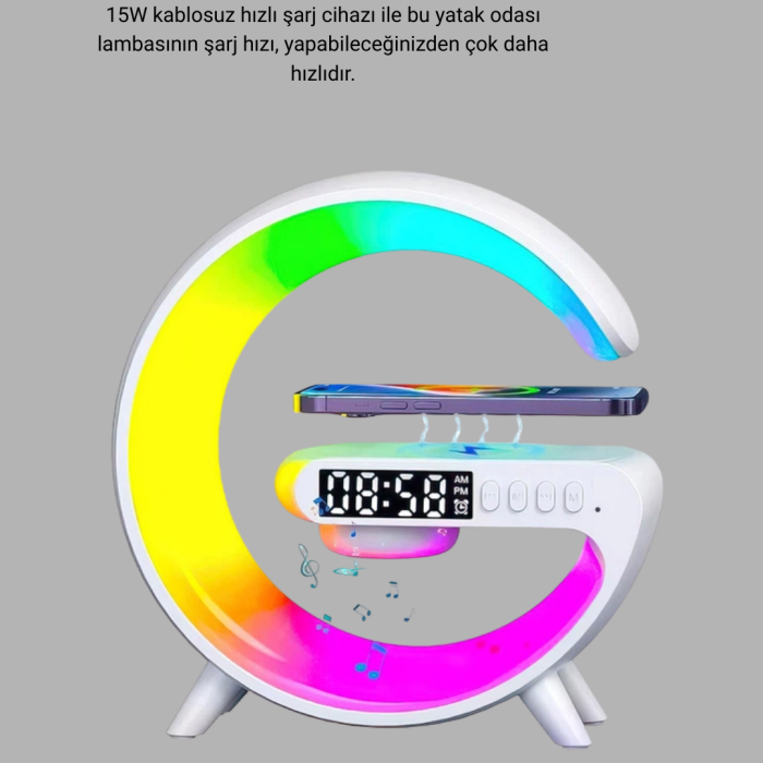 Kablosuz Şarjlı Atmosfer Lambası Bluetooth Hoparlör ve Akıllı Alarm Özellikli