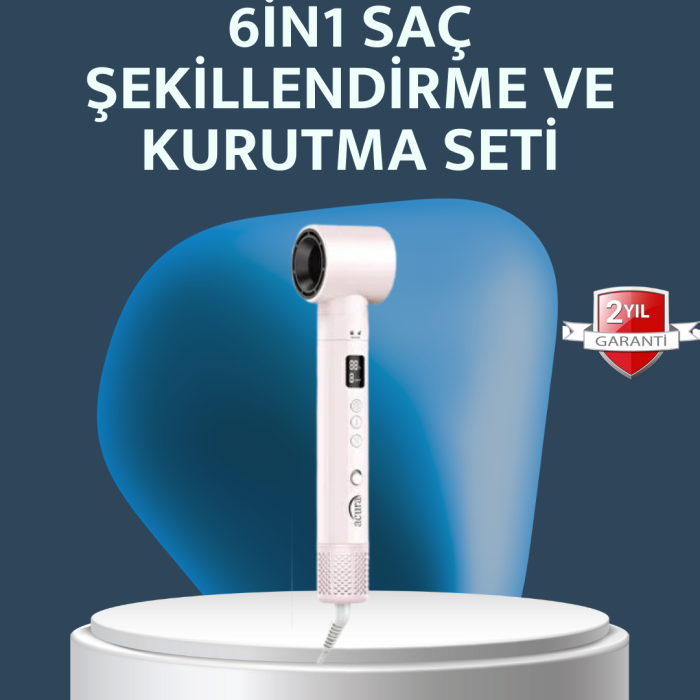6-in-1 Saç Şekillendirme Seti Yüksek Hızlı Motor Negatif İyon LCD Ekran