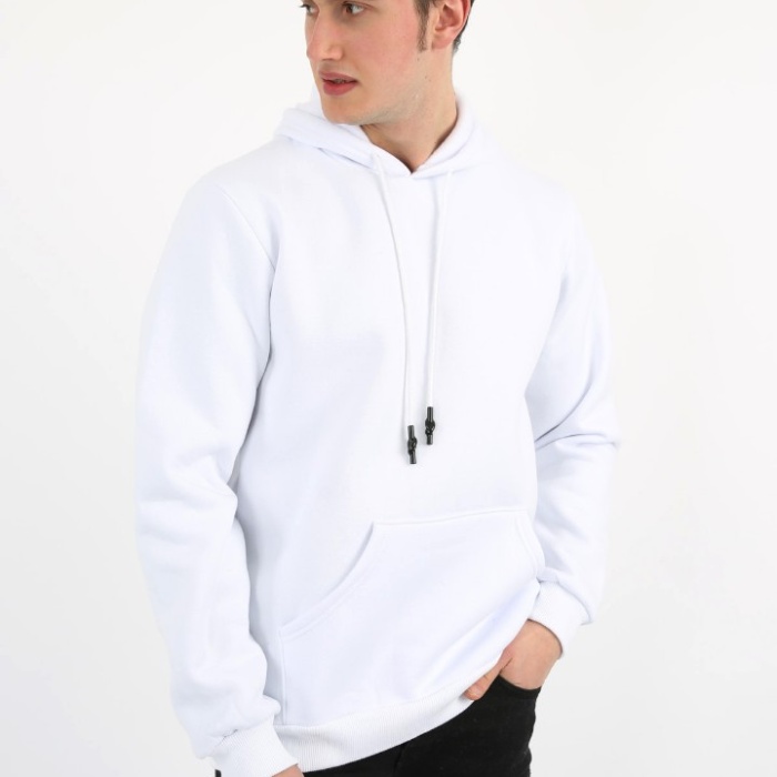 Üç İplik Şardonlu Kapşonlu Düz Erkek Günlük Sweatshirt