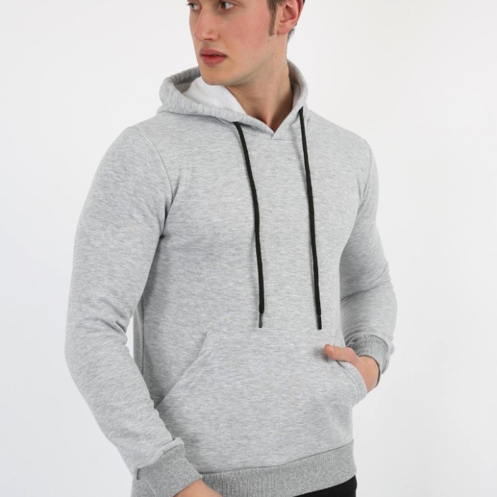 Üç İplik Şardonlu Kapşonlu Düz Erkek Günlük Sweatshirt