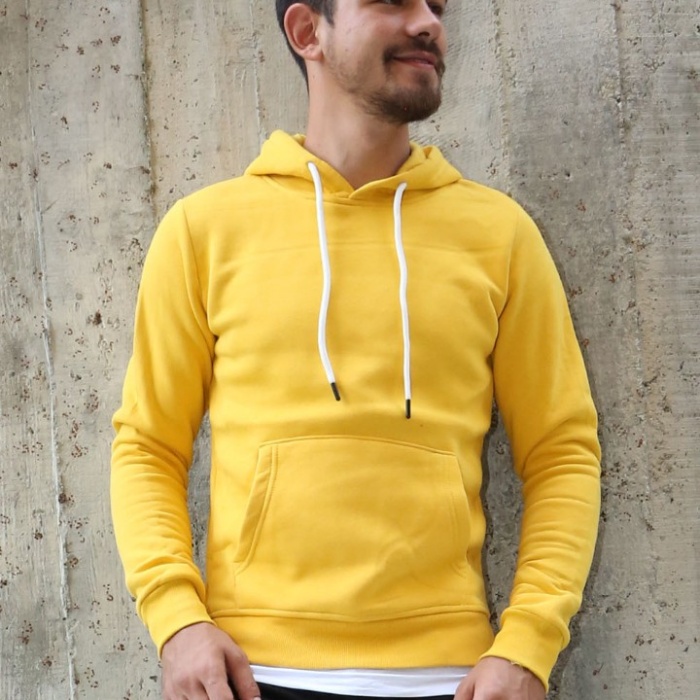 Üç İplik Şardonlu Kapşonlu Kanguru Cepli Alttan Çıkmalı Erkek Günlük Sweatshirt