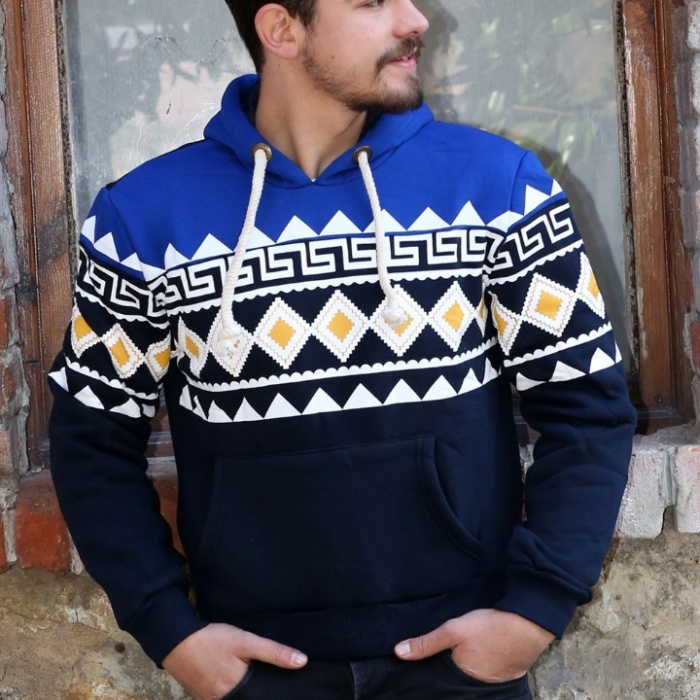 Üç İplik Şardonlu Kapşonlu Kanguru Cepli Baklava Desenli Erkek Günlük Sweatshirt