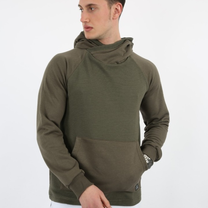 Üç İplik Şardonlu Kumaş Kapşonlu Kanguru Cepli Alttan Çıkmalı Erkek Günlük Sweatshirt