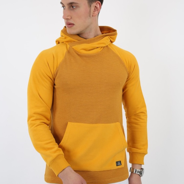 Üç İplik Şardonlu Kumaş Kapşonlu Kanguru Cepli Alttan Çıkmalı Erkek Günlük Sweatshirt