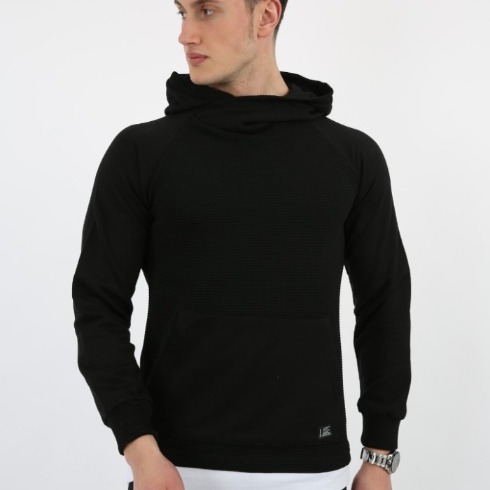 Üç İplik Şardonlu Kumaş Kapşonlu Kanguru Cepli Alttan Çıkmalı Erkek Günlük Sweatshirt