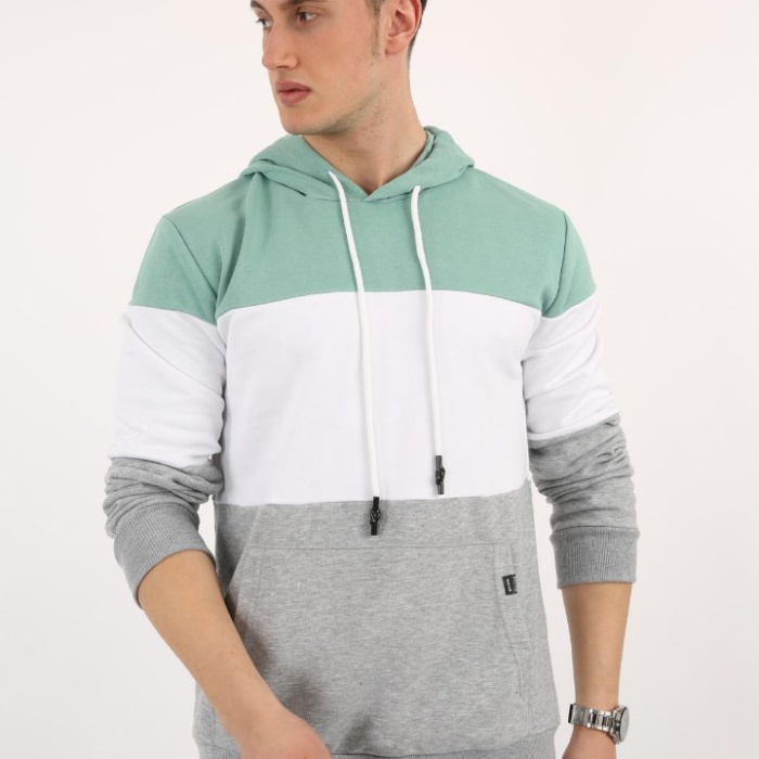 Üç Şardonlu Kapşonlu Parçalı Kanguru Cepli Erkek Günlük Sweatshirt